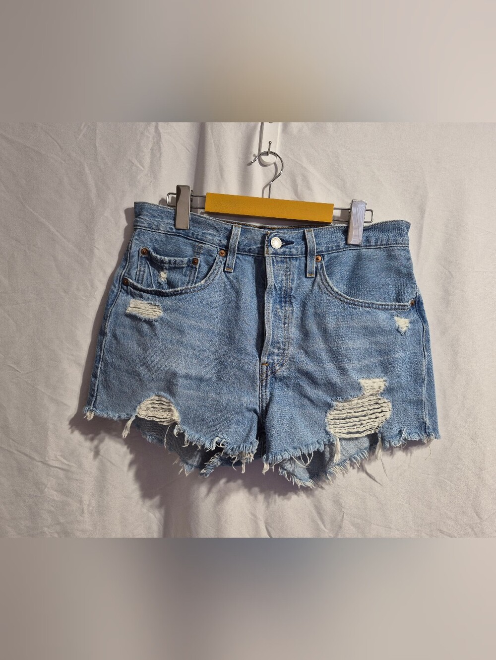 High-Rise Light Blue Distressed Denim Shorts - Women, Size 30